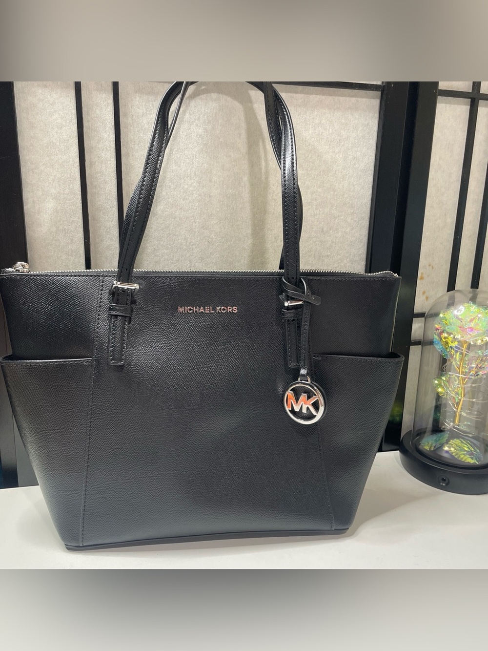 Michael Kors Jet Set Large Saffiano Leather Top Zip Tote Bag Black 30F2STTT8L